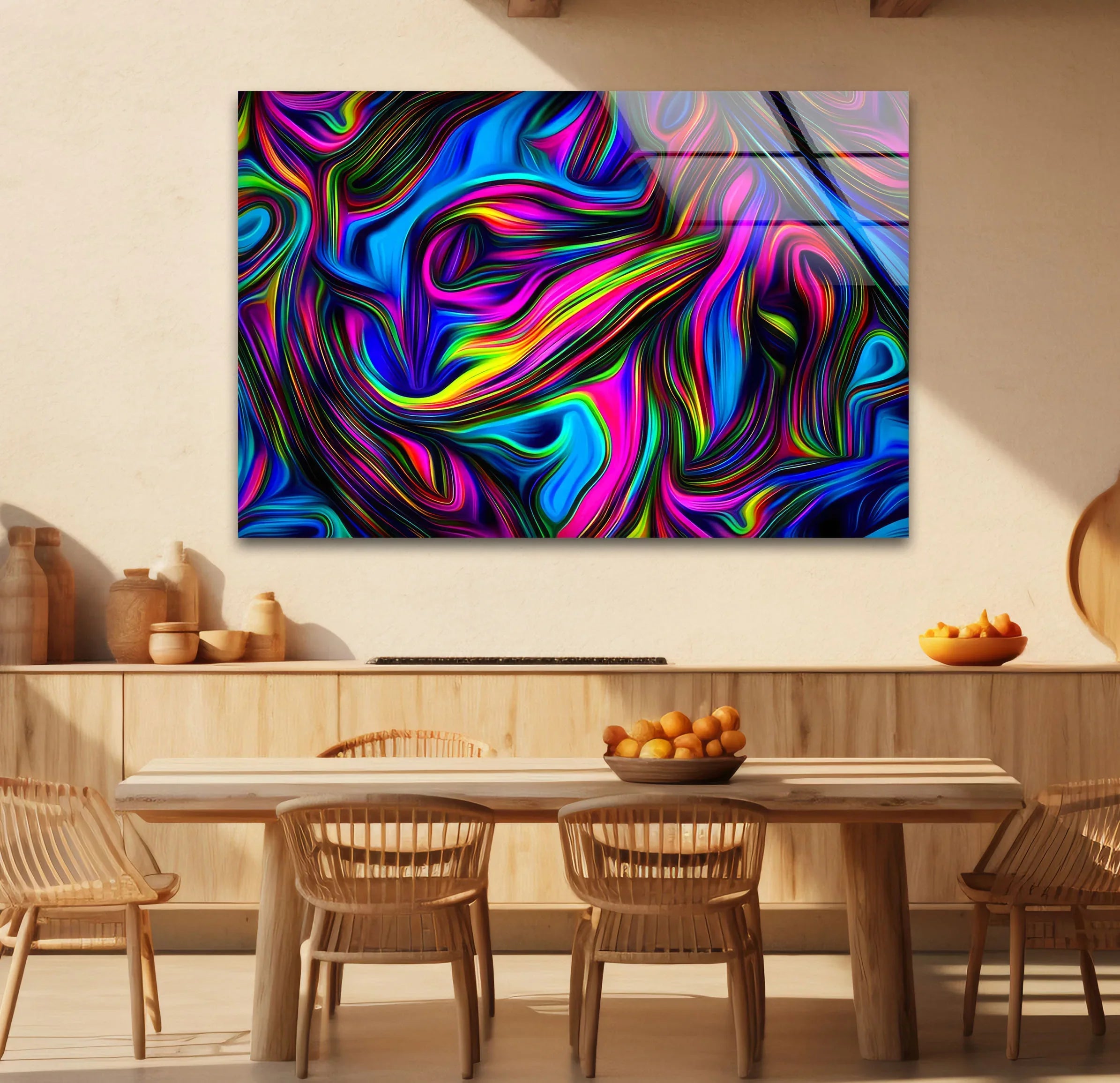 Abstract Neon Glass Wall Art – Vivid Colorful Swirl Design