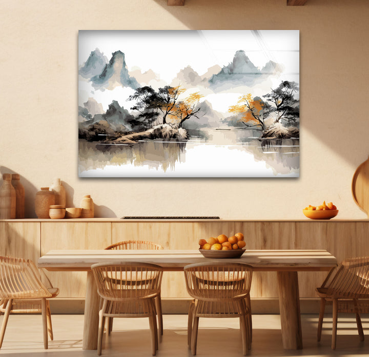 Serene Mountain Lake Wall Art – Asian Landscape Ink Style Glass Print