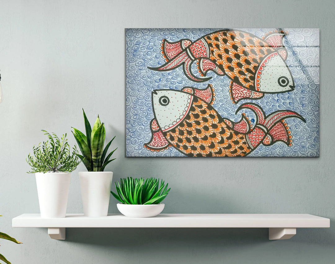 Traditional Folk Art Fish Wall Decor – Vibrant Indian Style Glass Print - MyPhotoStation