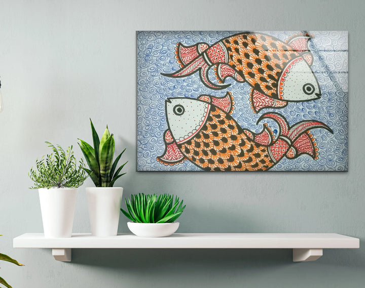 Traditional Folk Art Fish Wall Decor – Vibrant Indian Style Glass Print - MyPhotoStation