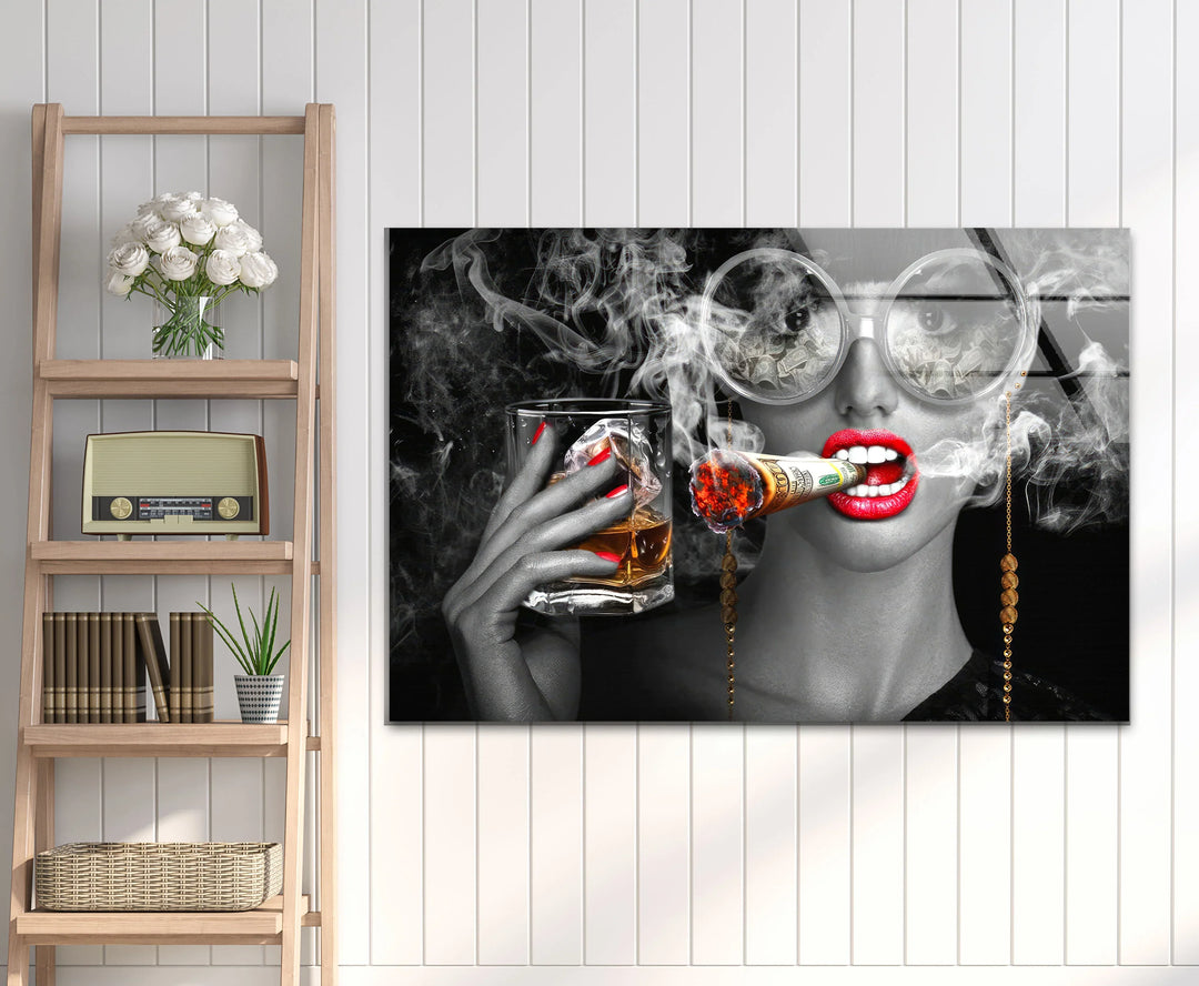 Luxury Diva Wall Art with Whiskey and Dollar Cigar – Bold Glam Glass Print - MyPhotoStation