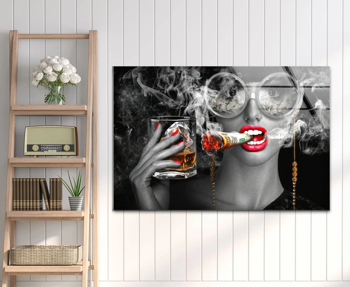 Luxury Diva Wall Art with Whiskey and Dollar Cigar – Bold Glam Glass Print - MyPhotoStation