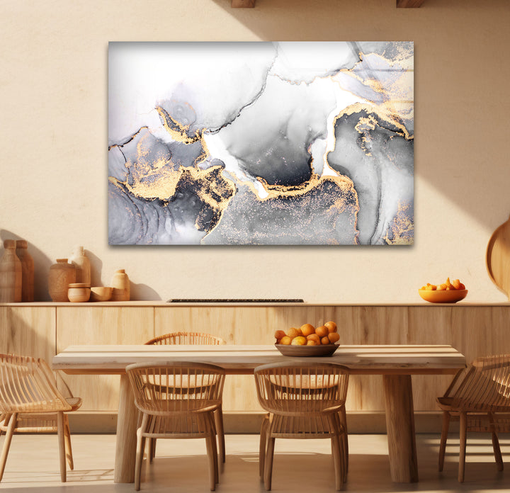 Monochrome Marble Glass Wall Art – Black White & Gold Luxury Abstract Print