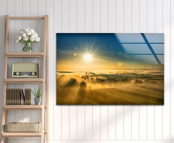 Golden Sunrise Over Foggy Countryside – Serene Morning Landscape Glass Wall Art - MyPhotoStation