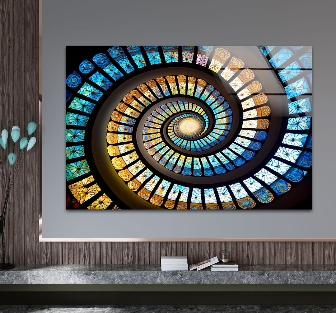 Spiral Stained Glass Window Art – Vibrant Mosaic Spiral for Home Decor