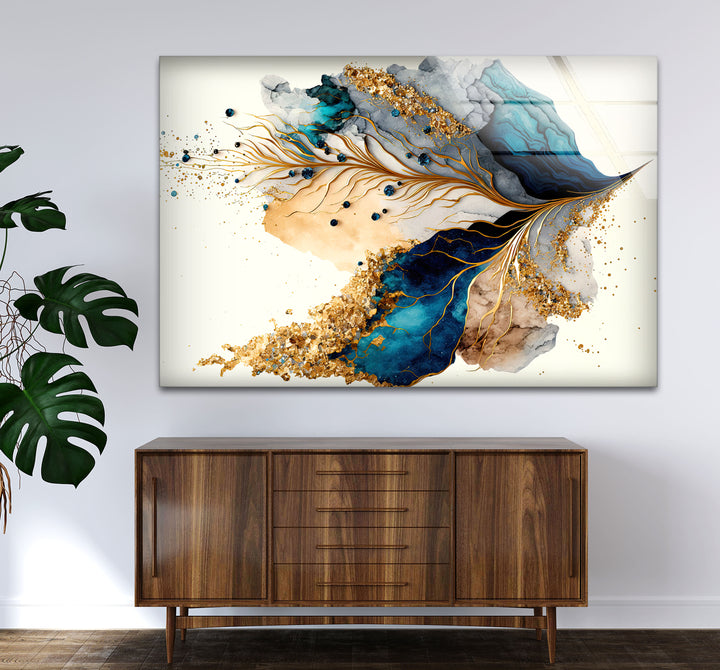 Abstrakte Glaswandkunst in Gold und Blau – Luxuriöses, modernes, fließendes Design
