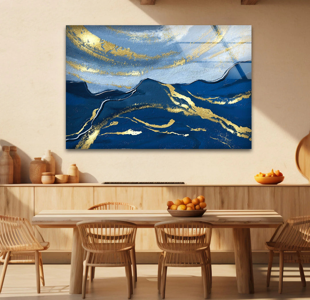 Navy Blue and Gold Abstract Landscape Wall Art – Elegant Glass Print for Modern Living Spaces - MyPhotoStation