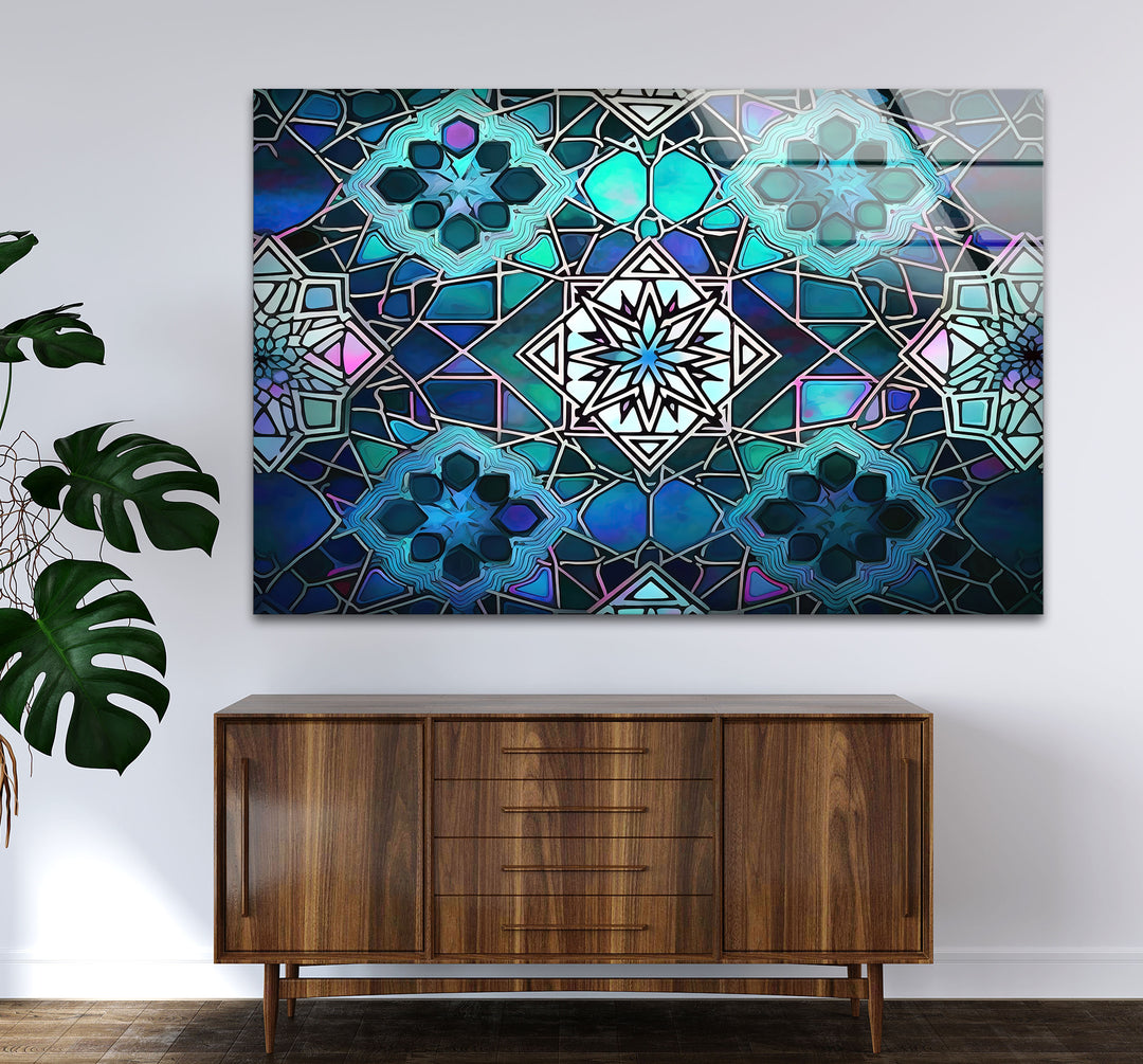 Blue Mosaic Star Glass Wall Art – Islamic Geometric Window Panel, Sacred Pattern Decor