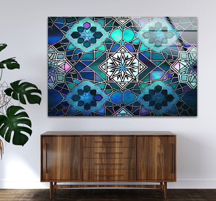 Blue Mosaic Star Glass Wall Art – Islamic Geometric Window Panel, Sacred Pattern Decor