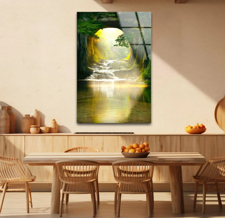 Sunlit Forest Cave Waterfall Glass Wall Art – Serene Nature Landscape Print - MyPhotoStation