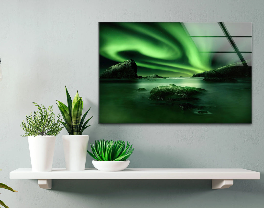 Northern Lights Aurora Borealis Wall Art – Green Sky Glass Print for Modern Interiors - MyPhotoStation