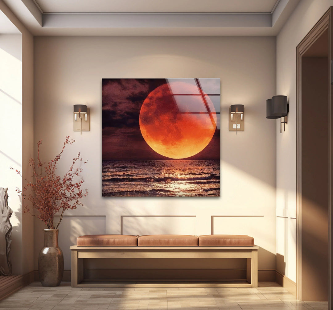 Red Moon Over Ocean Glass Wall Art – Dramatic Lunar Seascape Print for Bold Modern Decor - MyPhotoStation