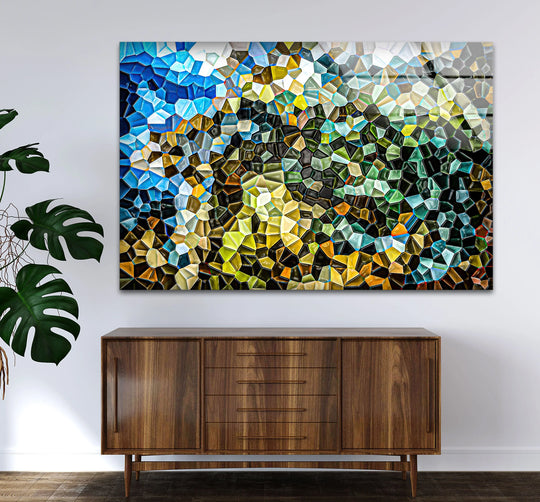 Abstract Mosaic Landscape Glass Wall Art – Colorful Geometric Nature Design - MyPhotoStation