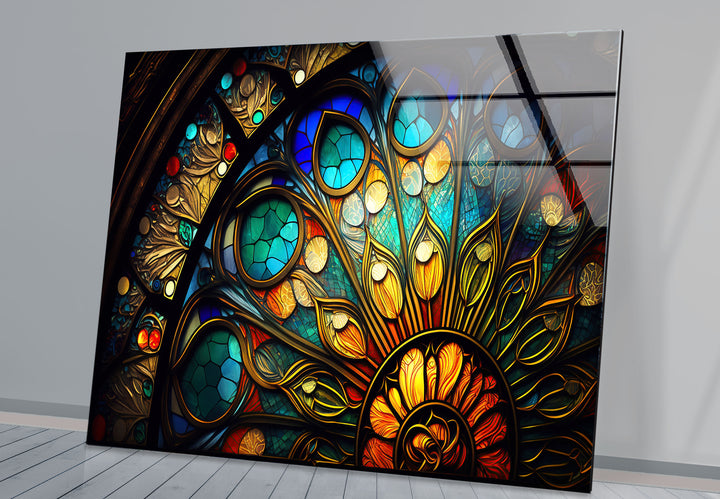 Buntglasfensterkunst – Elegantes gotisches Rosettenfenster-Design