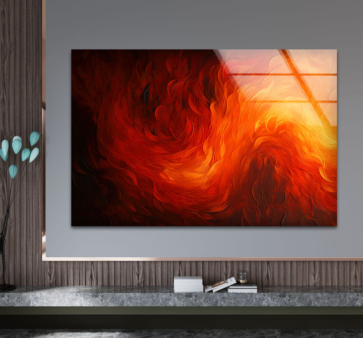 Fiery Abstract Glass Wall Art – Vibrant Red & Orange Flame Energy