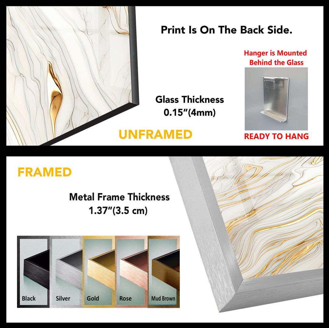 White & Gold Marble Glass Wall Art – Elegant Luxury Abstract Design