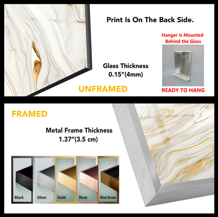 White & Gold Marble Glass Wall Art – Elegant Luxury Abstract Design