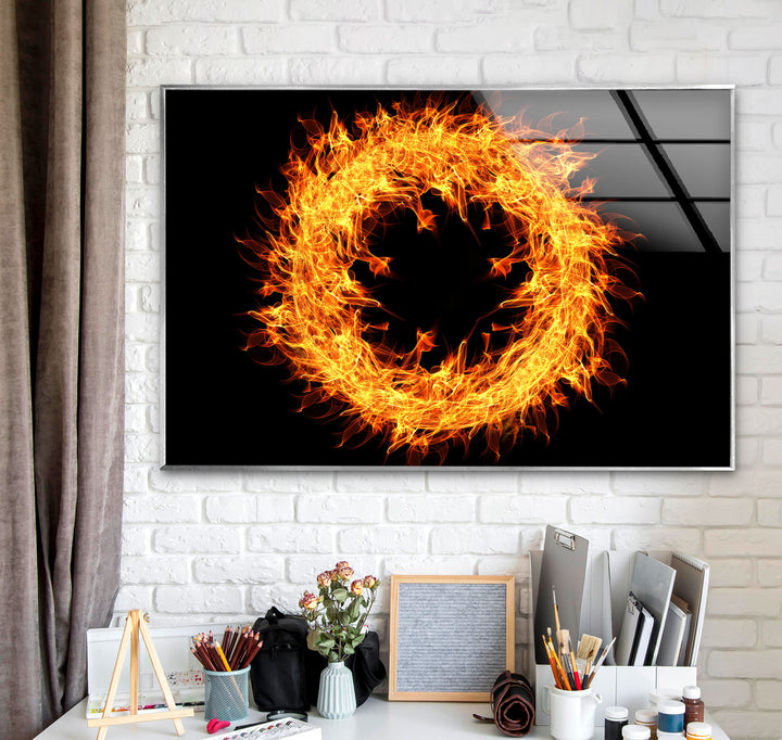 Fiery Ring Wall Art – Flame Circle Abstract Design on Tempered Glass