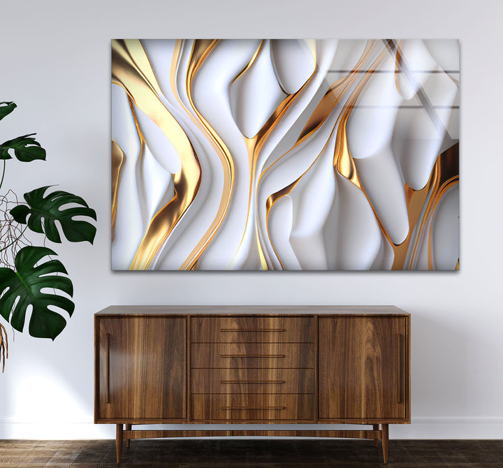 Gold White Abstract Wall Art – Luxury Fluid Texture Glass Print for Modern Interiors