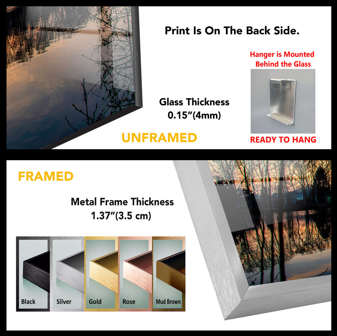 Sunset Forest Reflection Wall Art – Tranquil Lake Glass Print for Nature-Inspired Interiors