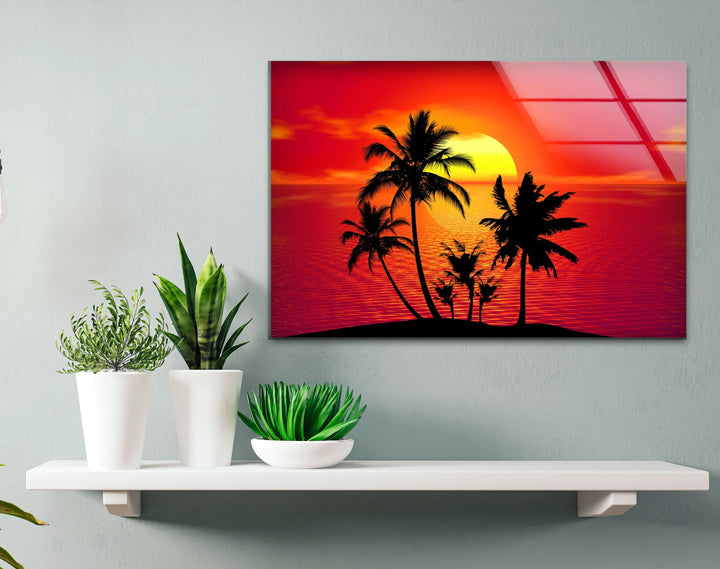 Tropical Sunset Palm Tree Wall Art – Vibrant Beach Scene on Tempered Glass - MyPhotoStation