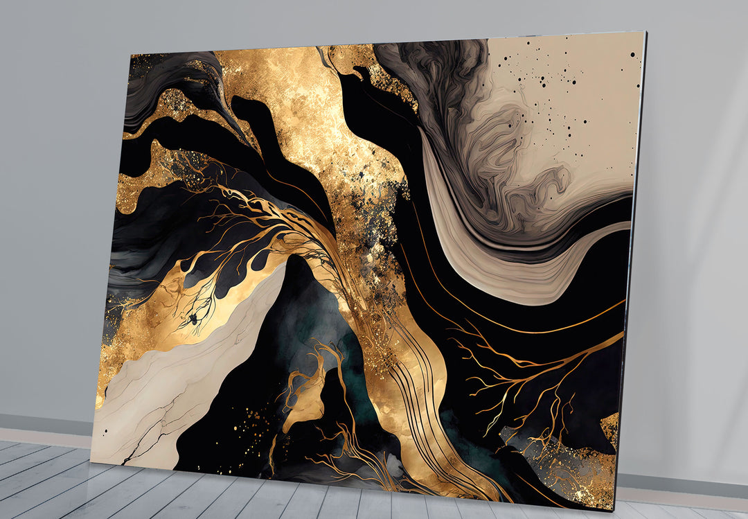 Black & Gold Abstract Glass Wall Art – Luxury Modern Fluid Design