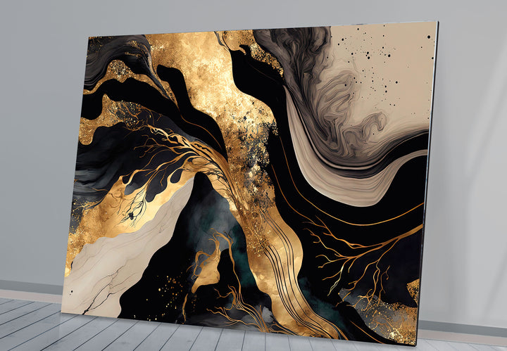 Black & Gold Abstract Glass Wall Art – Luxury Modern Fluid Design