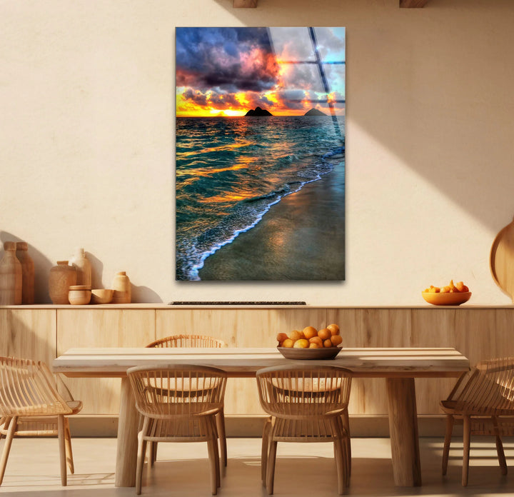 Tropical Sunset Beach Scene – Ocean Wave Glass Wall Art with Island Silhouette - MyPhotoStation