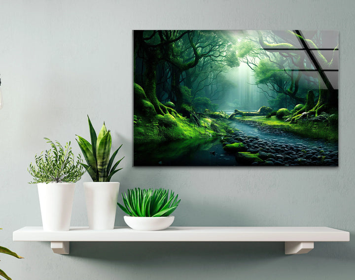 Mystical Enchanted Forest Stream Wall Art – Lush Green Nature Glass Print - MyPhotoStation