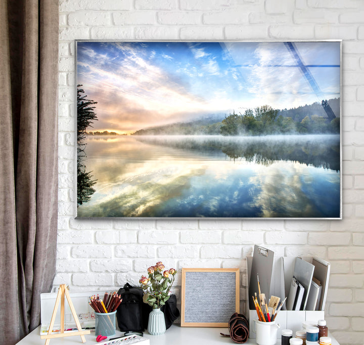 Misty Lake Sunrise Wall Art – Tranquil Morning Glass Landscape Print