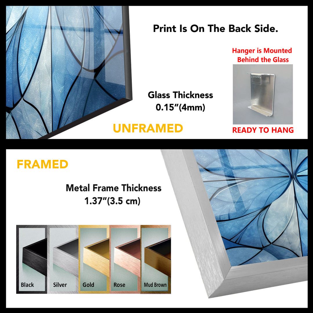 Blue Floral Geometric Wall Art – Modern Glass Panel with Elegant Petal Design
