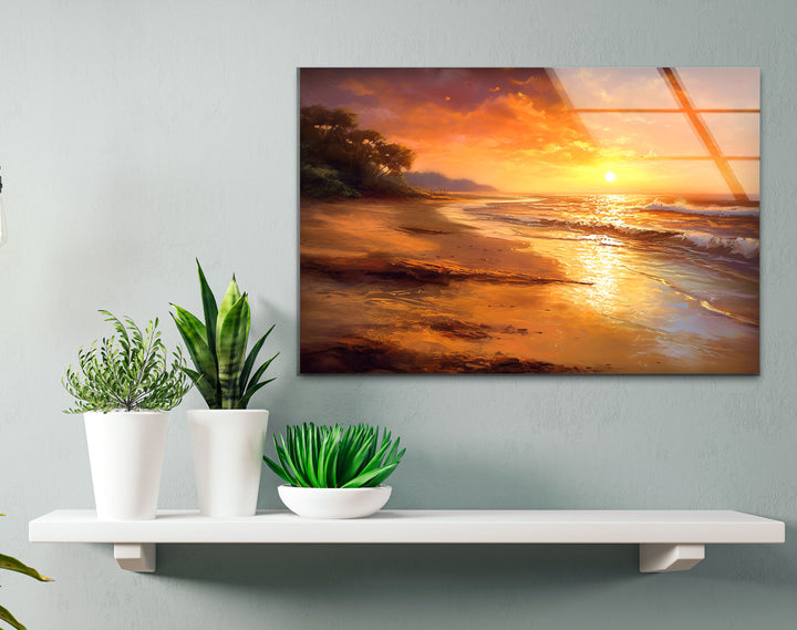 Golden Beach Sunset Wall Art – Tranquil Ocean Shoreline Print on Glass