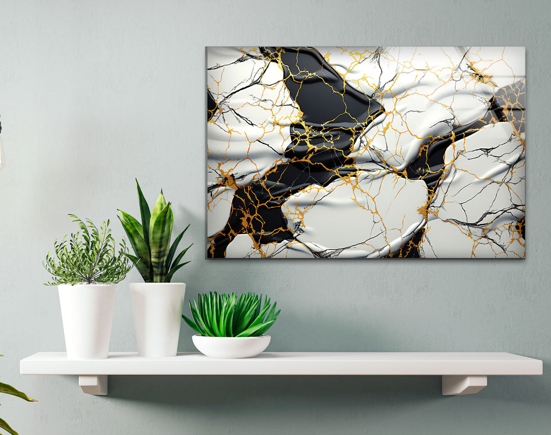 Luxury Marble Abstract Wall Art – Black, White & Gold Glass Panel Print