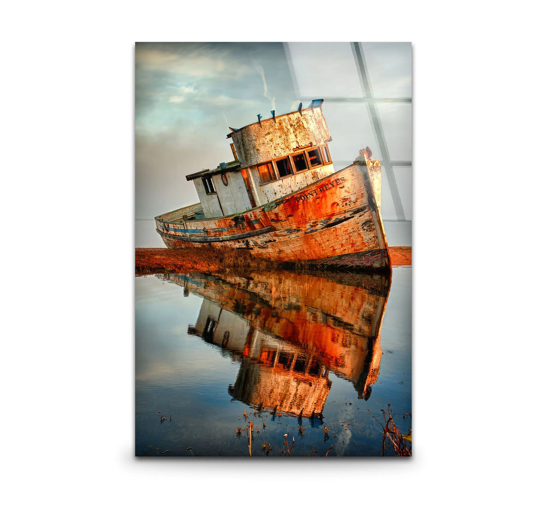 Rustic Abandoned Boat Glass Wall Art – Reflections of Time Nautical Print - MyPhotoStation