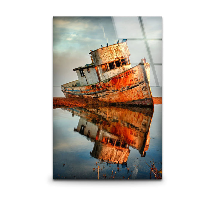 Rustic Abandoned Boat Glass Wall Art – Reflections of Time Nautical Print - MyPhotoStation