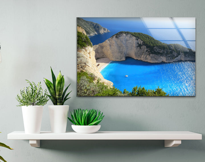 Navagio Beach Wall Art – Stunning Blue Coast Glass Print of Zakynthos Bay for Coastal and Modern Interiors