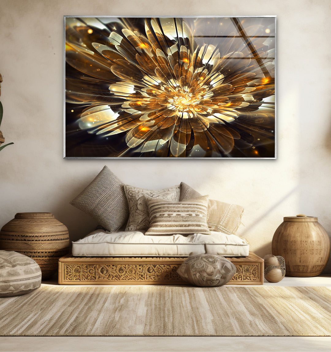 Golden Bloom Burst Wall Art – Radiant Abstract Flower Glass Print