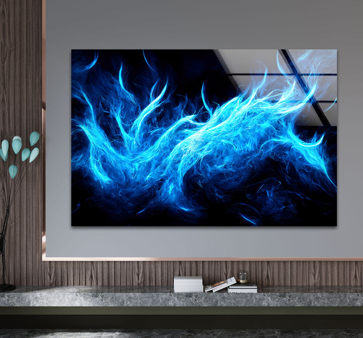 Blue Flame Abstract Glass Wall Art – Fiery Energy & Modern Decor