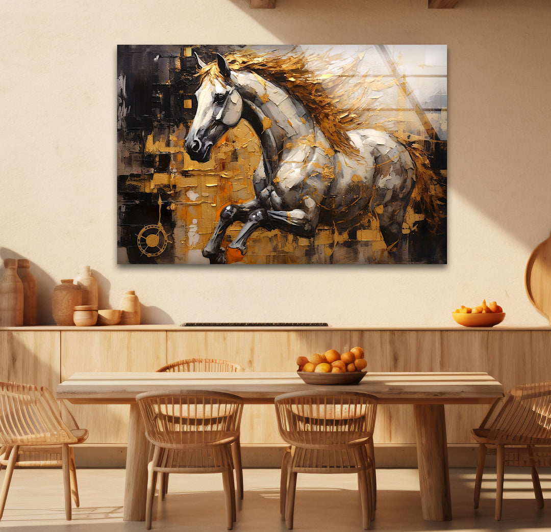 Golden Spirit Horse Wandkunst – Abstrakter Glasdruck mit rennendem Hengst