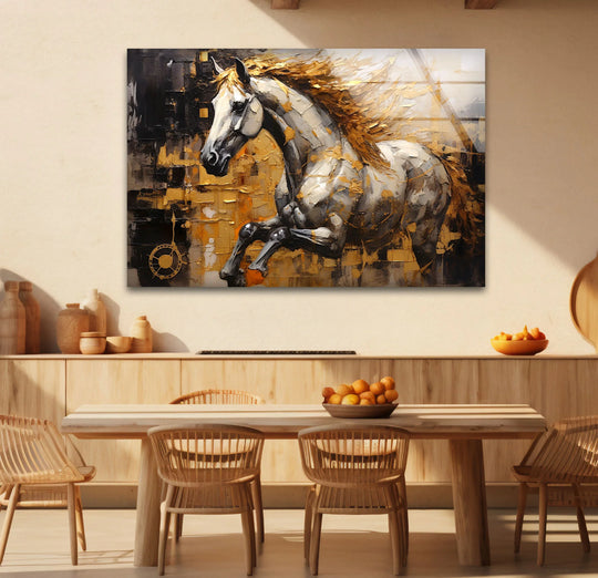 A bright, abstract glass art painting features a galloping horse with golden mane and dynamic gold accents.