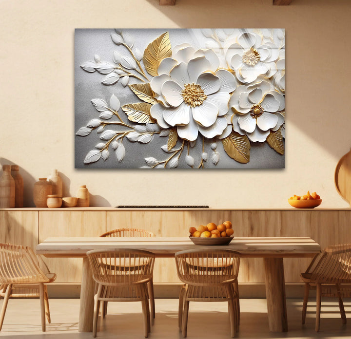 White Gold Floral Wall Art – 3D Textured Flower Print on Glass Panel - MyPhotoStation