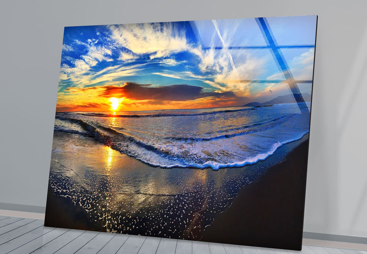Sunset Beach Wave Wall Art – Vibrant Ocean Horizon Glass Print for Coastal and Modern Interiors