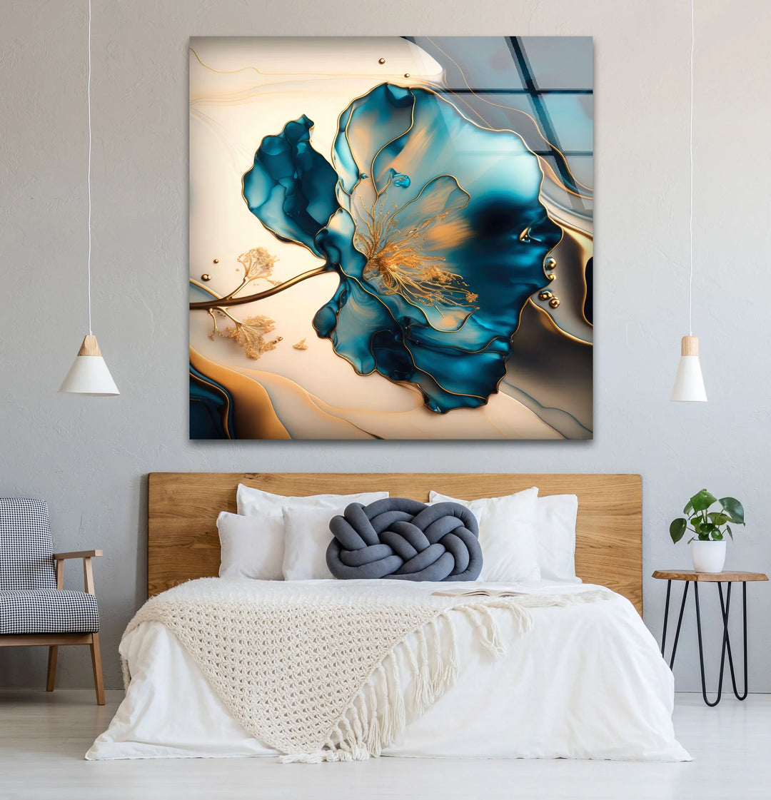 Luxury Blue Gold Floral Wall Art – Elegant Glass Print for Living Room or Office - MyPhotoStation