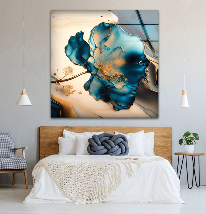 Luxury Blue Gold Floral Wall Art – Elegant Glass Print for Living Room or Office - MyPhotoStation