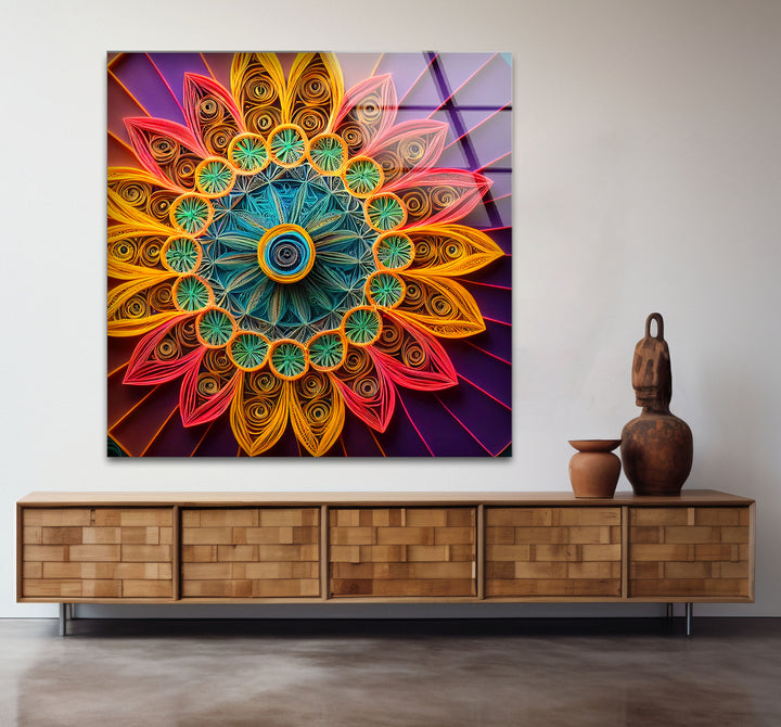 Mandala Glass Wall Art – Vibrant 3D Geometric Paper Design