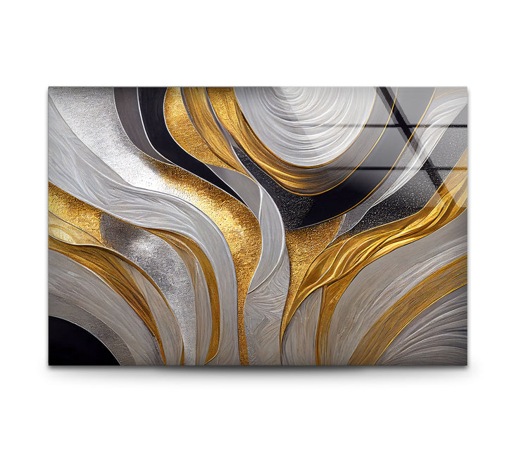 Silver Gold Wave Wall Art – Luxury Abstract Fluid Glass Print Décor