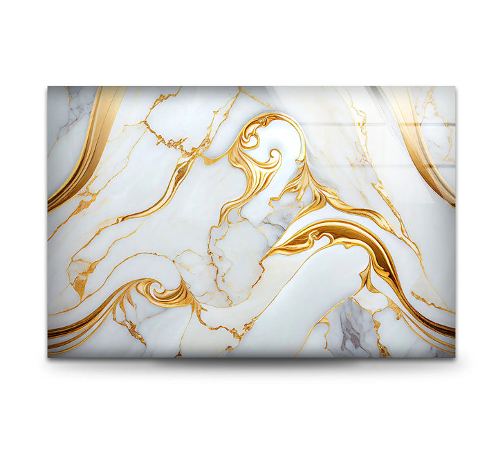 Luxury White Marble Wall Art with Gold Swirl – Elegant Glass Print for Modern Interiors - MyPhotoStation