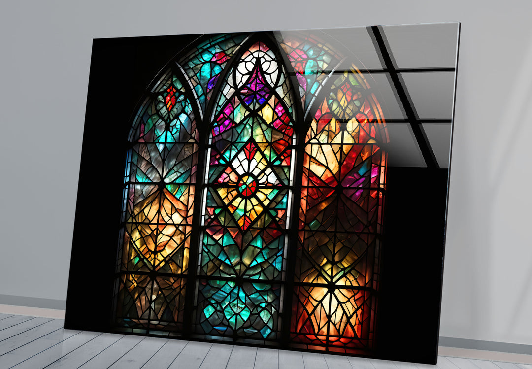 Gothic Cathedral Stained Glass Wall Art – Colorful Sacred Window Panel Decor