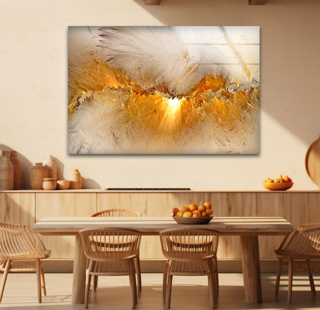 Golden Feather Storm Wall Art – Abstract Light Burst Glass Print
