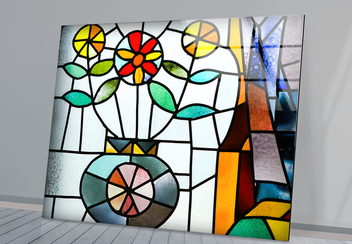 Floral Stained Glass Wall Art – Colorful Flower Vase Mosaic Panel